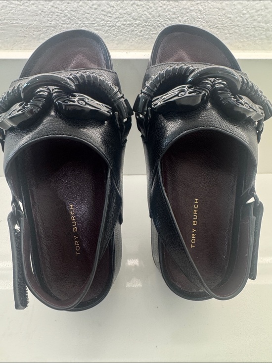 Tory Burch Shoes - Tory Burch Black Leather Slingback Slides with Chain Accent